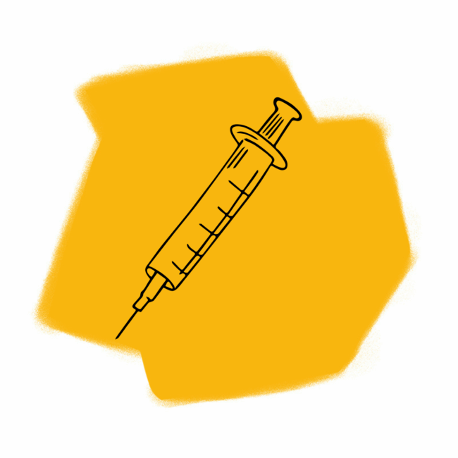 Eine einfache schwarze Strichzeichnung einer Spritze ist auf einem gelben, abstrakten Hintergrund zu sehen und erinnert an die Symbolik, die in der Traumdeutung oft untersucht wird.