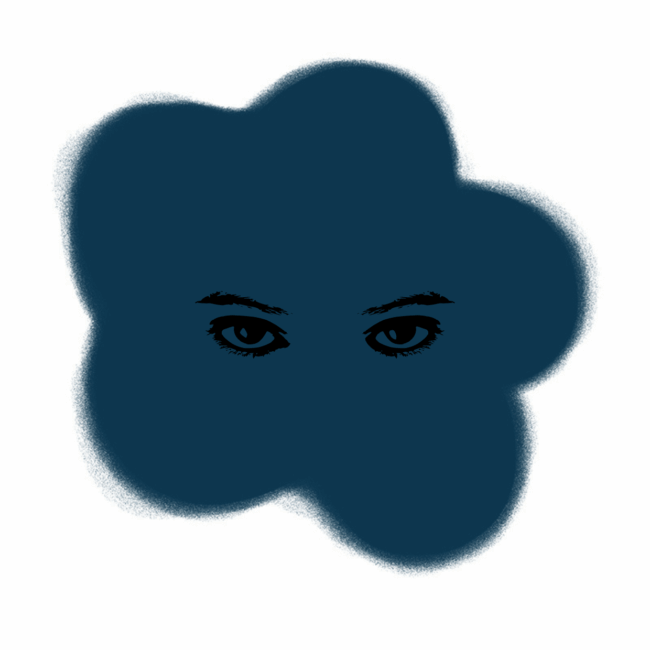 Eine dunkle, unregelmäßig geformte Wolke erinnert an Dunkelheit, aus deren Zentrum ein Paar intensiver, ausdrucksstarker Augen vor einem weißen Hintergrund hervorstarrt.