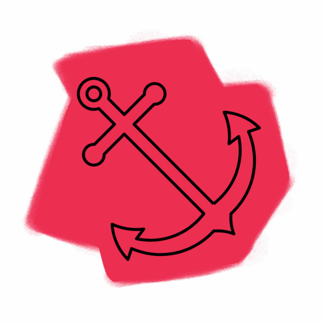 Ein einfacher schwarzer Umriss eines Ankers ist über einer rauen, rosaroten, unregelmäßigen Form auf weißem Hintergrund zentriert und erinnert an Themen wie Stabilität und Traumdeutung.