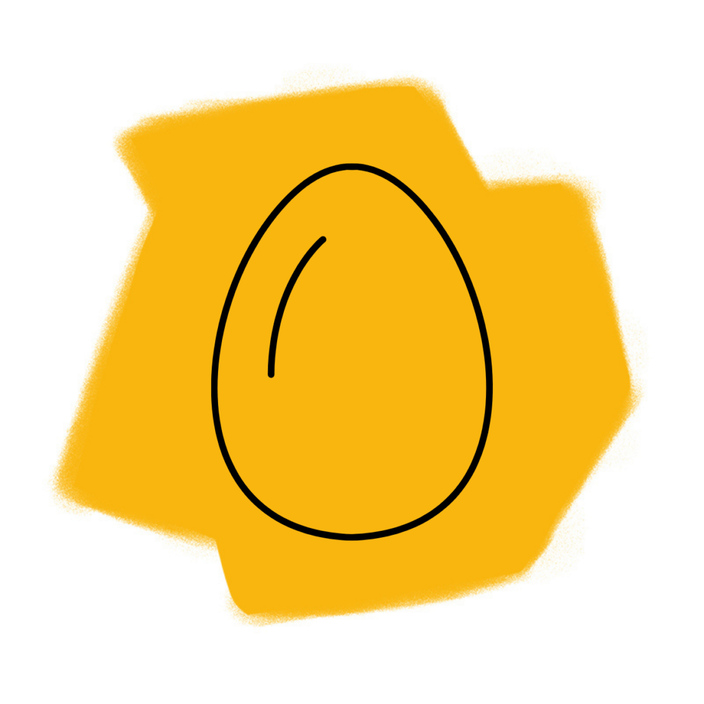 Eine einfache Zeichnung eines schwarz umrandeten Eies, zentriert auf einer unregelmäßigen, leuchtend gelben Hintergrundform - perfekt, um das Konzept des Traumsymbols Ei in Traumdeutung zu illustrieren.