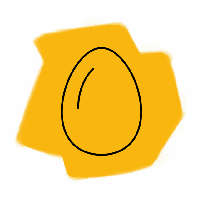 Eine einfache Zeichnung eines schwarz umrandeten Eies, zentriert auf einer unregelmäßigen, leuchtend gelben Hintergrundform - perfekt, um das Konzept des Traumsymbols Ei in Traumdeutung zu illustrieren.