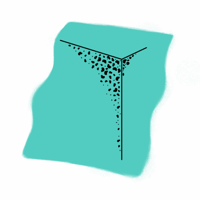 Ein türkisfarbener, unregelmäßig geformter 3D-Block mit schwarzen Linien, die an einer Ecke zusammentreffen, und einer Ansammlung schwarzer Punkte, die sich von der Ecke aus entlang der Linien ausbreiten.