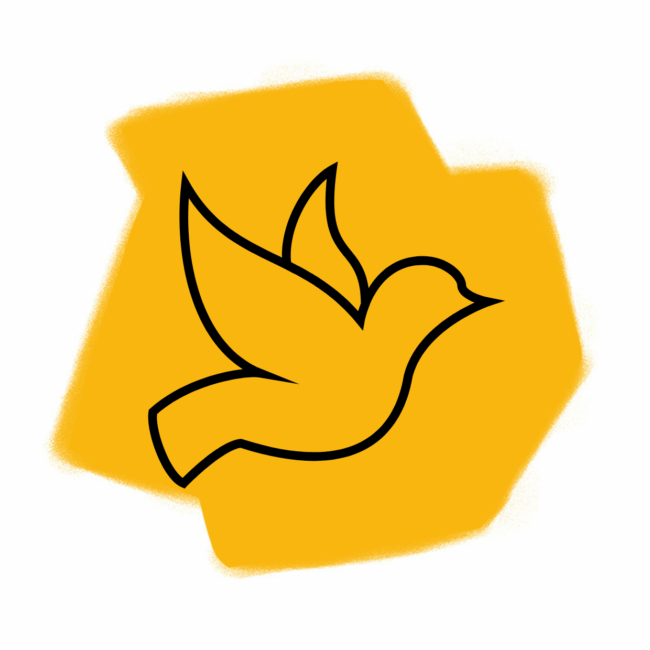 Ein einfacher schwarzer Umriss einer fliegenden Taube steht in der Mitte einer gelben abstrakten Form mit weichen Rändern, die sich vor einem weißen Hintergrund abhebt - ein Bild, das perfekt geeignet ist, Gedanken an Freiheit und Traumdeutung zu wecken.