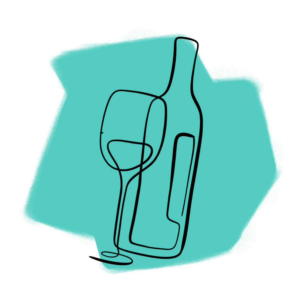Eine minimalistische Linienzeichnung einer Weinflasche und eines Glases, schwarz umrandet, vor einem türkisfarbenen abstrakten Hintergrund - perfekt für alle, die sich von der subtilen Kunst der Traumdeutung angezogen fühlen.