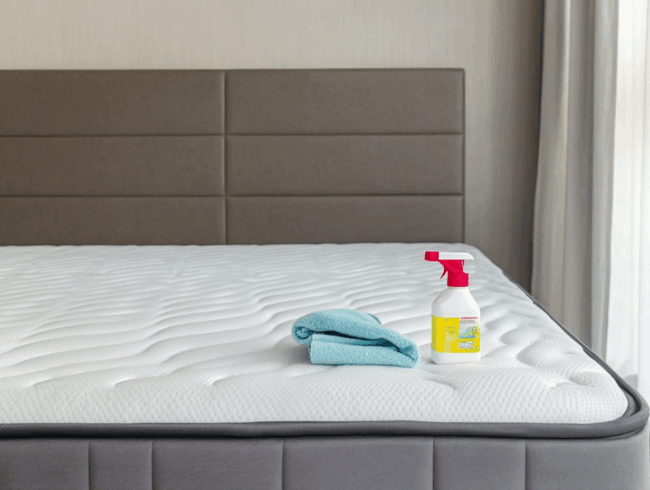 Eine Sprühflasche und zwei blaue Reinigungstücher liegen auf einer weißen Matratze in einem modernen Schlafzimmer mit einem grauen Kopfteil und Vorhängen im Hintergrund bereit, um Erbrochenes zu beseitigen.
