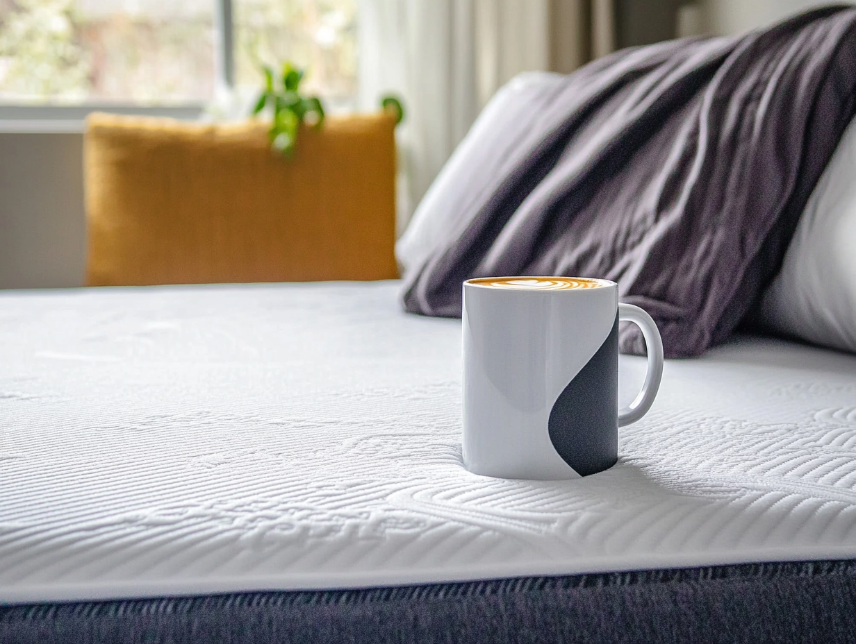 Eine Tasse mit Milchkaffee steht auf einem ordentlich gemachten Bett mit weißem, gemustertem Bezug, frei von Kaffeeflecken; im Hintergrund liegen ein senfgelbes Kissen, eine Pflanze und eine graue Decke in der Nähe des Fensters.