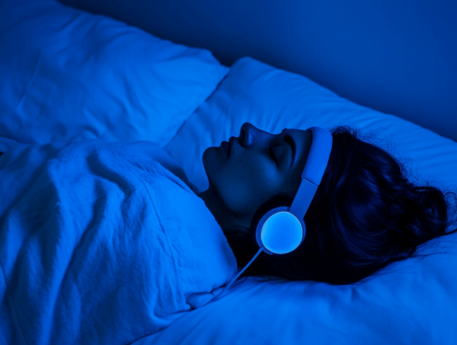 Eine Person, die unter einer Decke im Bett liegt, Kopfhörer für ASMR und eine Augenmaske trägt, von sanftem blauen Licht angestrahlt wird und scheinbar schläft oder friedlich ruht.
