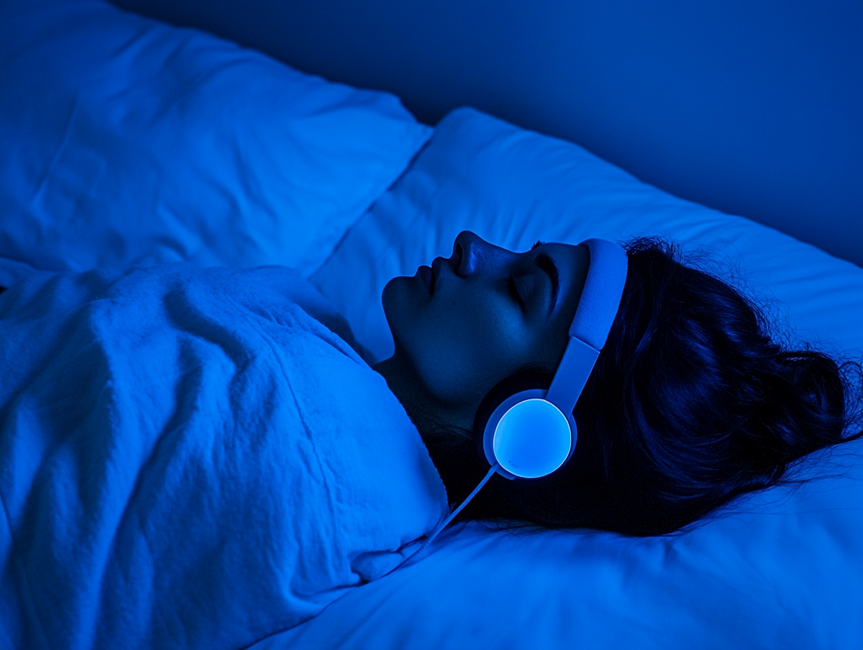 Eine Person, die unter einer Decke im Bett liegt, Kopfhörer für ASMR und eine Augenmaske trägt, von sanftem blauen Licht angestrahlt wird und scheinbar schläft oder friedlich ruht.