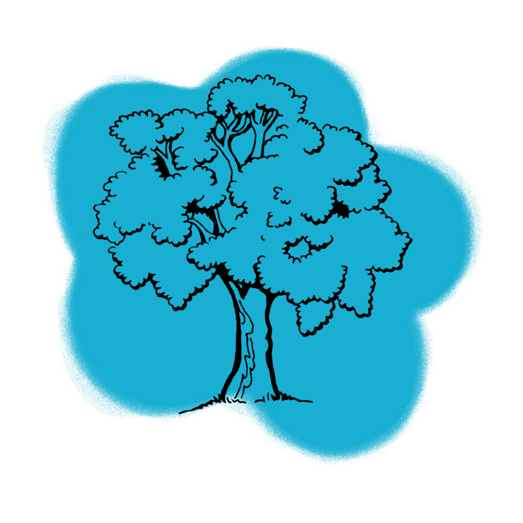 Eine handgezeichnete Illustration eines belaubten Baumes mit zwei Stämmen, schwarz umrandet, steht vor einem leuchtend blauen, abstrakten Hintergrund und erinnert an die Symbolik, die oft in der Traumdeutung zu finden ist.