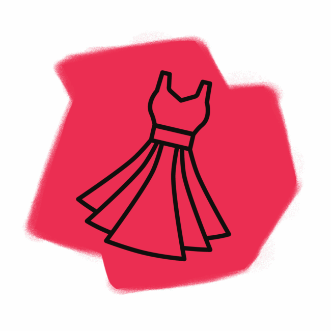 Ein einfacher schwarzer Umriss eines ärmellosen Kleides mit ausgestelltem Rock, zentriert auf einem hellrosa abstrakten Hintergrund.