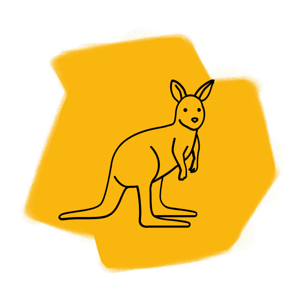 Eine einfache schwarze Strichzeichnung eines Kängurus auf gelbem, unregelmäßigem Hintergrund, die Themen wie Traumdeutung und Fantasie evoziert.