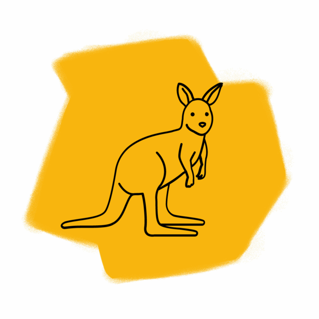 Eine einfache schwarze Strichzeichnung eines Kängurus auf gelbem, unregelmäßigem Hintergrund, die Themen wie Traumdeutung und Fantasie evoziert.