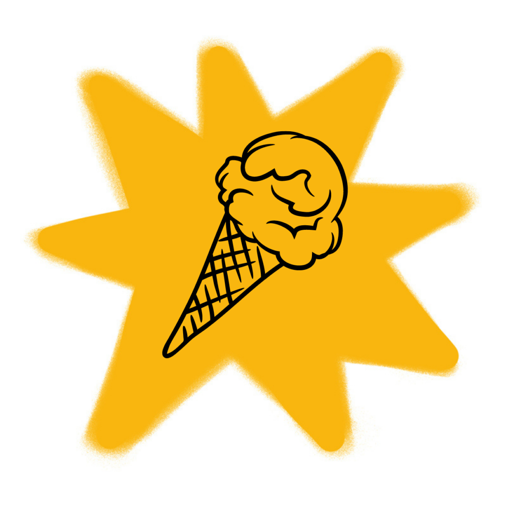 Eine einfache Zeichnung einer Eistüte mit zwei Kugeln, schwarz umrandet, ist auf einer gelben Starburst-Form zentriert. Inspiriert von der Traumdeutung Eiscreme, hebt sich dieses Bild von einem sauberen weißen Hintergrund ab.