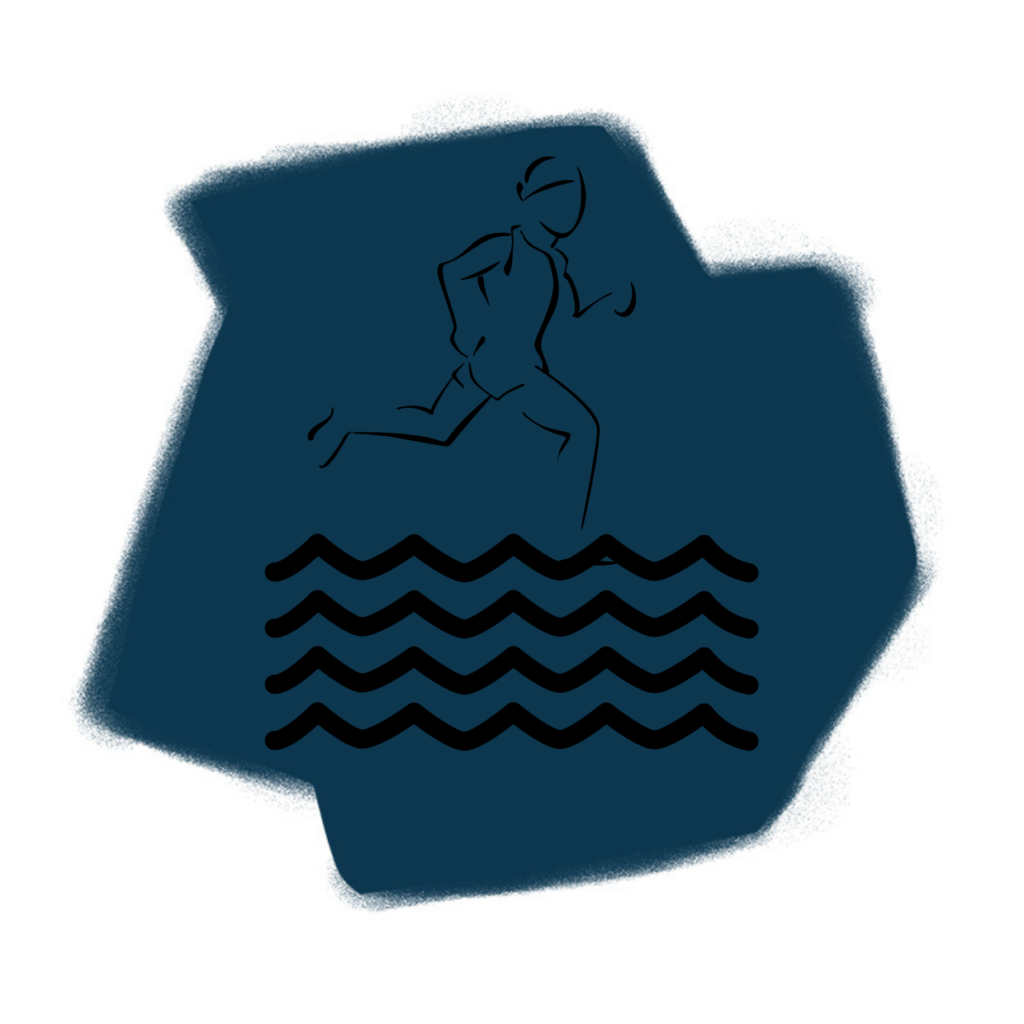 Eine einfache Strichzeichnung einer Person, die über Wellenlinien läuft, die Wasser laufen und Traumdeutung Wasser symbolisieren, auf einem dunkelblauen abstrakten Hintergrund.