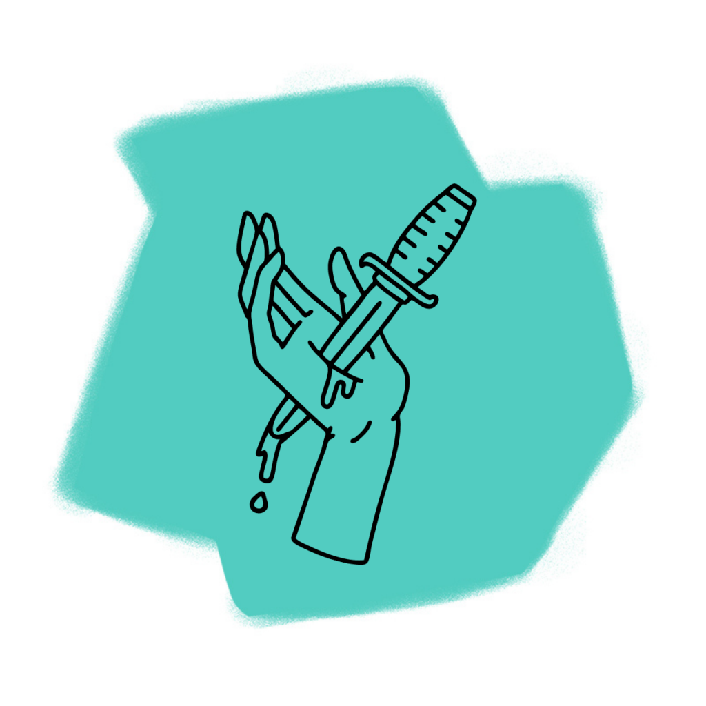 Strichzeichnung einer Hand, die eine tropfende Spritze hält, wobei die Flüssigkeit sowohl aus der Spritze als auch aus den Fingern tropft, vor einem abstrakten teefarbenen Hintergrund, der an das Traumsymbol "jemanden erstechen" in Traumdeutung erinnert.