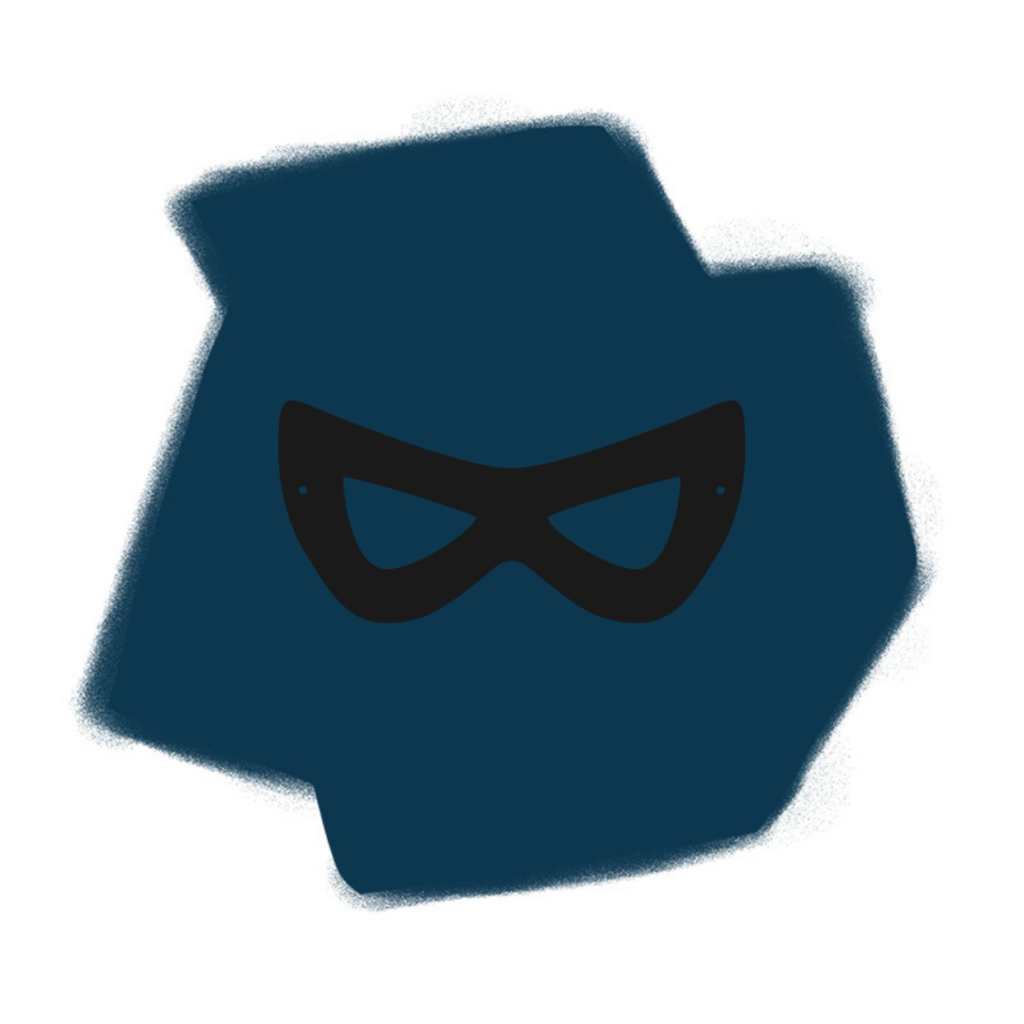 Ein einfaches schwarzes Maskensymbol, das an ein Bösewicht oder einen Superhelden erinnert, steht in der Mitte eines unregelmäßigen dunkelblauen Hintergrunds mit weichen Kanten.
