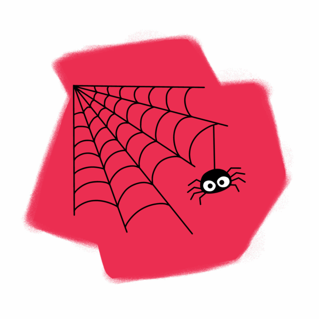 Eine einfache Illustration einer Spinne, die in der linken oberen Ecke an einem Netz hängt, erinnert an eine Traumdeutung vor einem roten, unregelmäßig geformten Hintergrund.