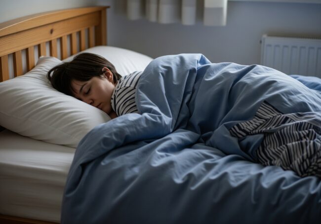 Eine Person mit kurzen dunklen Haaren schläft friedlich auf der Seite in einem Bett mit blauem Bettzeug, den Kopf auf einem weißen Kissen und einer Matratze für Bauchschläfer in einem sanft beleuchteten Schlafzimmer ruhend.