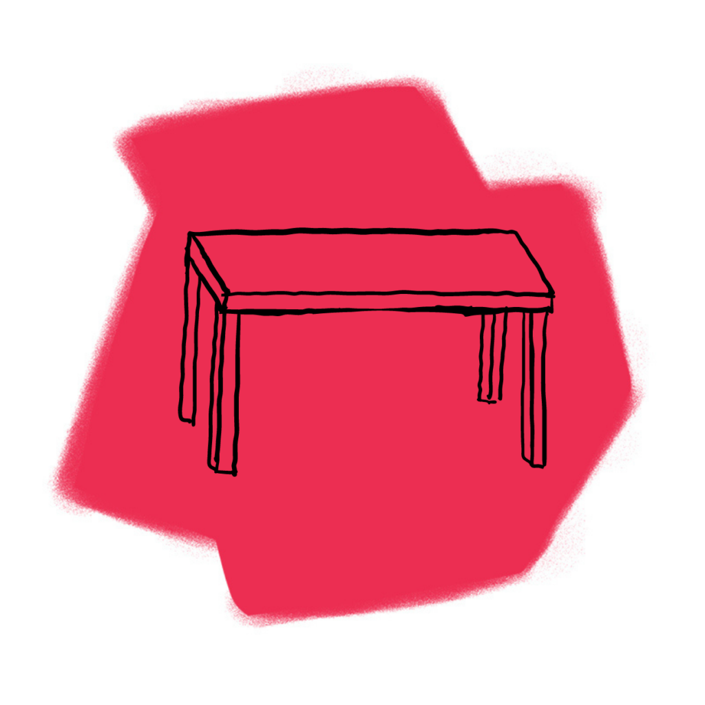 Eine einfache schwarze Strichzeichnung eines rechteckigen Tisches mit vier Beinen, zentriert auf einer unregelmäßigen roten Hintergrundform.