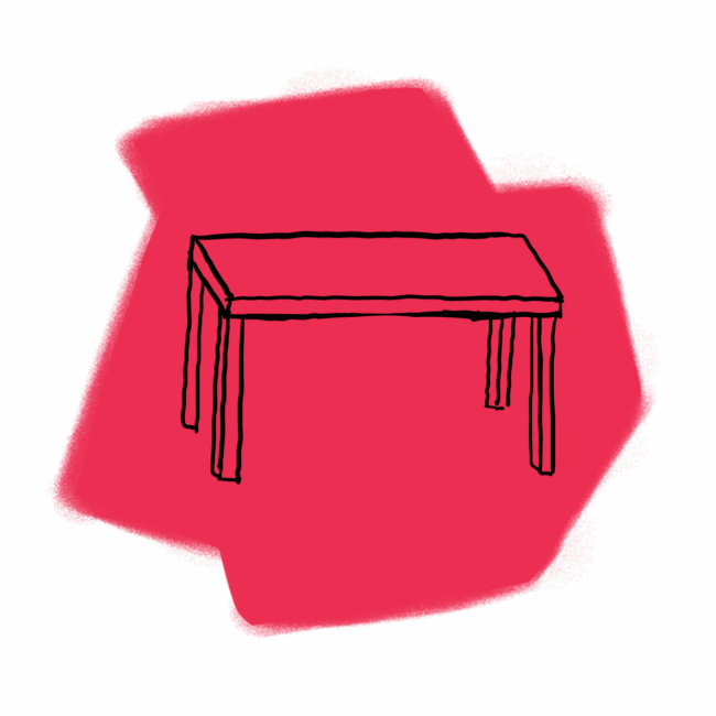 Eine einfache schwarze Strichzeichnung eines rechteckigen Tisches mit vier Beinen, zentriert auf einer unregelmäßigen roten Hintergrundform.
