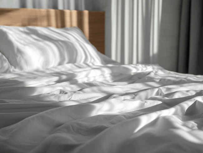 Ungemachtes Bett mit weißen Laken und Kissen, Bettlaken verrutscht, gebadet in sanftem natürlichem Sonnenlicht, das durch ein Fenster strömt, sanfte Schatten wirft und eine heitere Atmosphäre schafft.