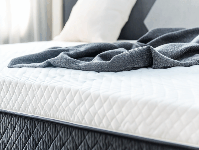 Ein ordentlich gemachtes Bett mit einer weißen, gesteppten Matratze, einer dunkelgrauen, strukturierten Decke, die teilweise darüber ausgebreitet ist, und einem weißen Kissen im Hintergrund. Sanftes natürliches Licht erhellt die Szene - perfekt für "Die Matratze auslüften".