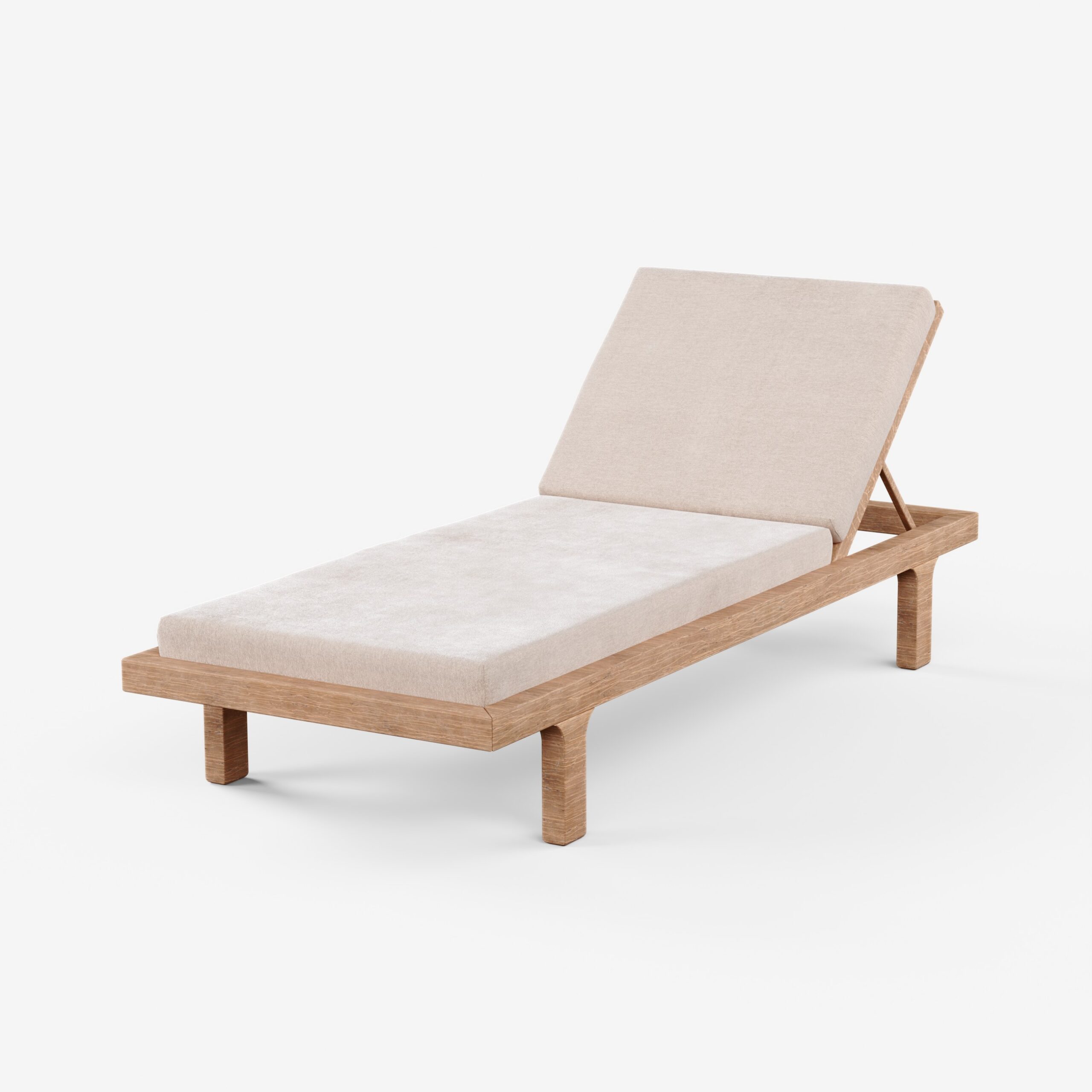 Eine moderne klappbare Gartenliege aus Holz, Polster nach Maß, mit beigem Kissen und verstellbarer Rückenlehne, vor einem schlichten weißen Hintergrund.