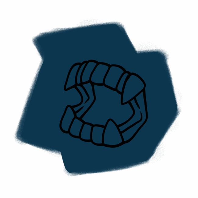 Eine schwarze Umrisszeichnung von Vampirzähnen auf dunkelblauem, unregelmäßigem Hintergrund, die eine geheimnisvolle Vampir-Atmosphäre hervorruft.