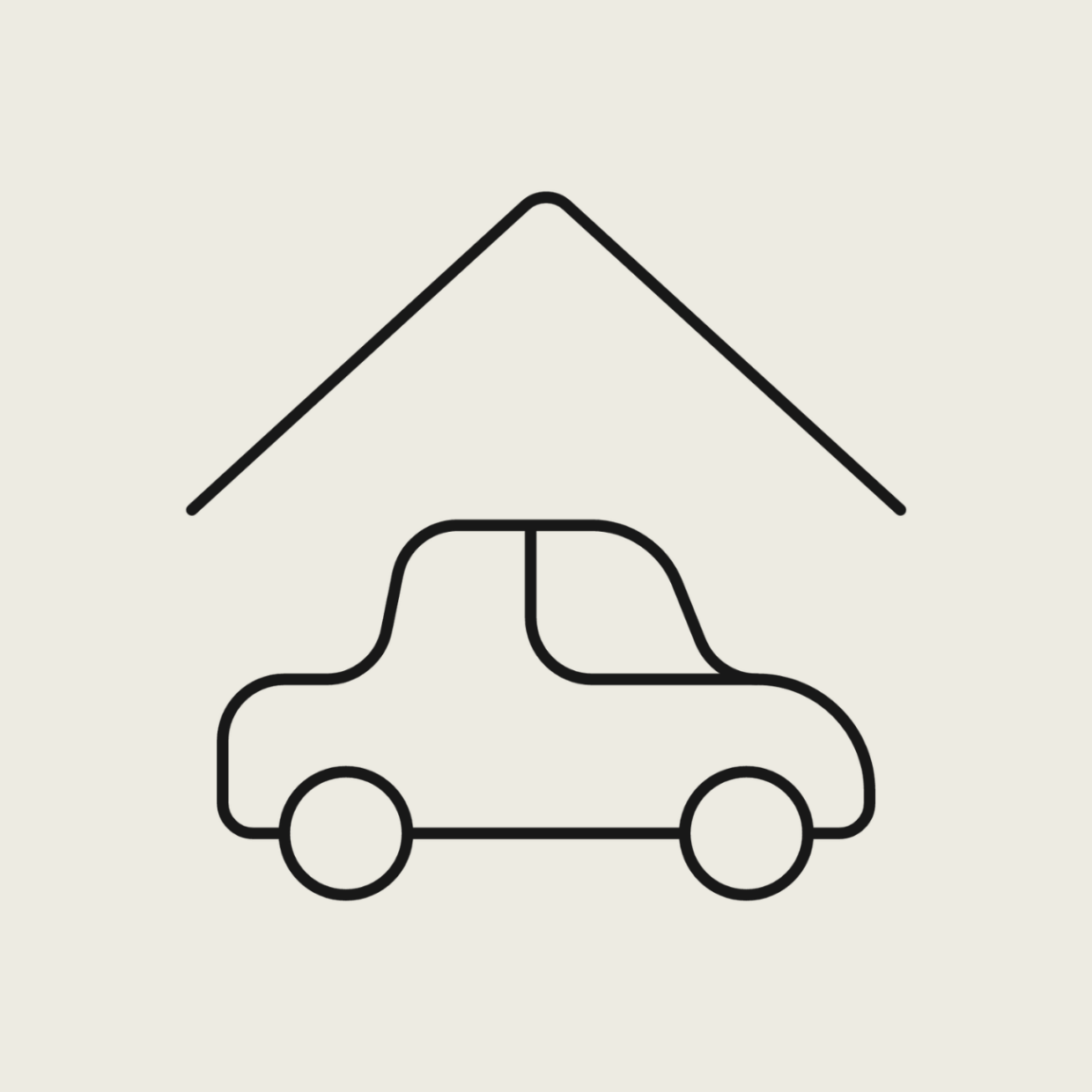 Einfache Strichzeichnung eines Autos, das unter einem dreieckigen Dach geparkt ist, das eine Garage oder einen Autounterstand auf einem einfachen hellen Hintergrund darstellt.