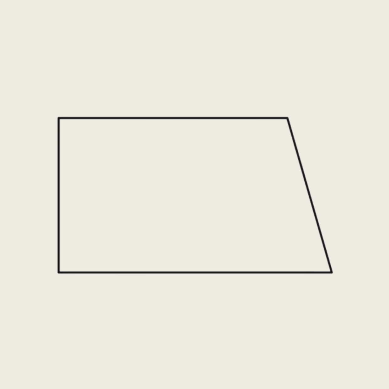 Ein einfacher schwarzer Umriss eines Parallelogramms auf einem hellen, gebrochen weißen Hintergrund. Die Form hat zwei Paare von parallelen Seiten und ähnelt einem schrägen Rechteck.