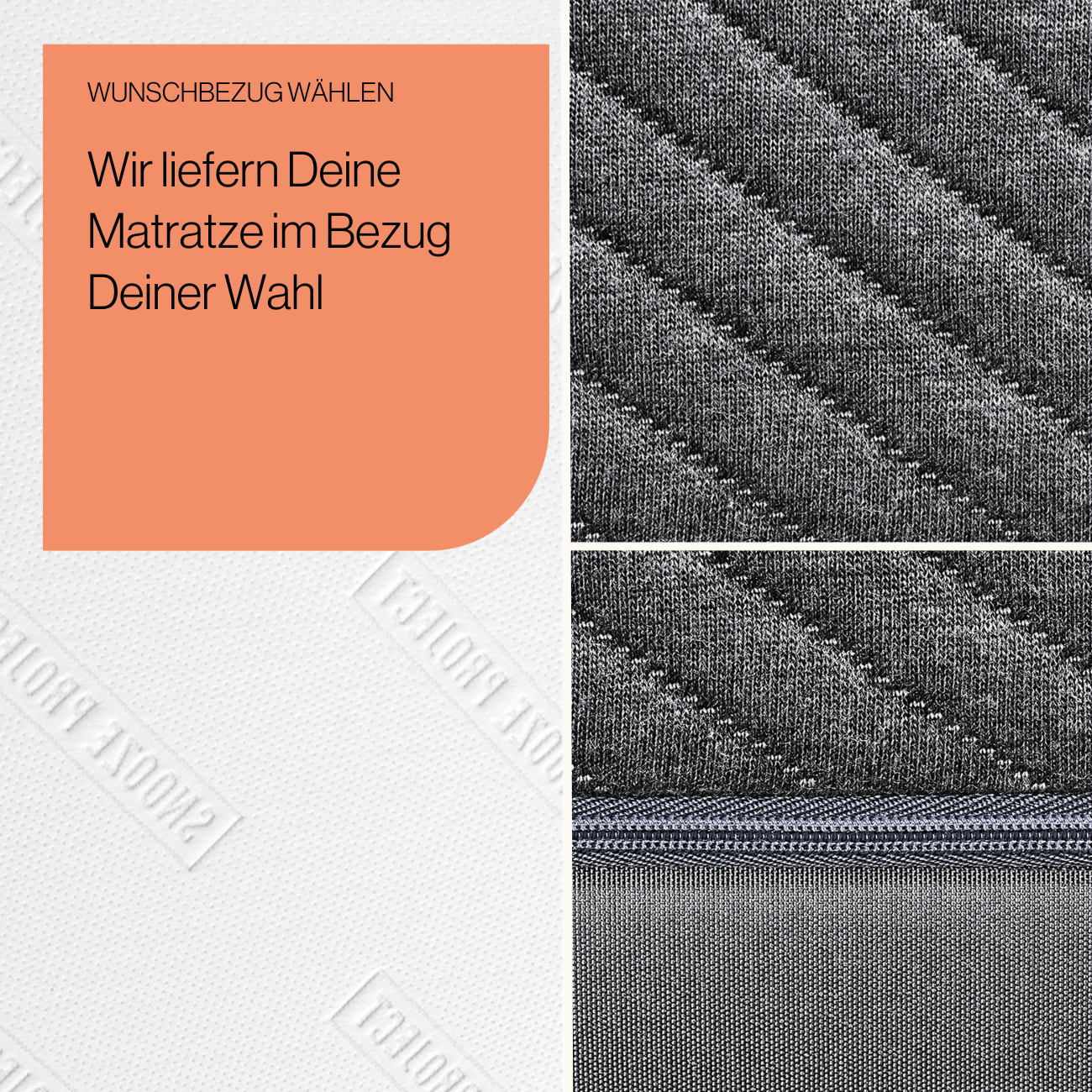 Matratzen nach Maß - Bezüge Der deutsche Text lautet: "Wir liefern Deine PKW Matratze Ford Tourneo Custom in Bezug auf Deine Wahl", neben einer Nahaufnahme eines dunkelgrauen, strukturierten Matratzenbezugs mit einem sichtbaren Reißverschluss.