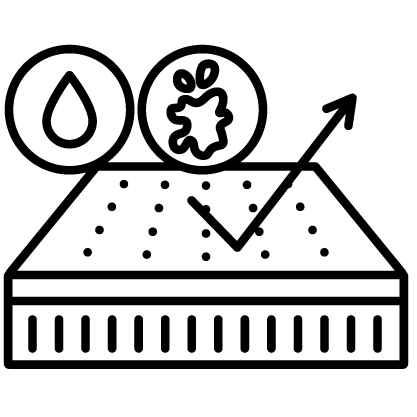 Schwarz-weißes Symbol, das eine wasser- und schmutzabweisende Oberfläche zeigt, mit einem Tropfen und einem Fleckensymbol darüber und einem Pfeil, der sich auf der Oberfläche spiegelt.