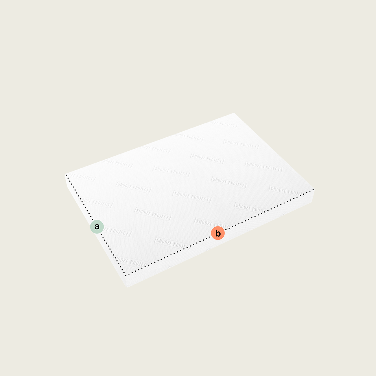 SPSONDER1 - rechteckige Matratze nach Maß Die rechteckige Matratze nach Maß in Weiß liegt auf hellem Hintergrund. Zwei Punkte markieren benachbarte Ecken entlang einer Kante und sind durch gestrichelte Linien verbunden - ideal für individuelle Maße.