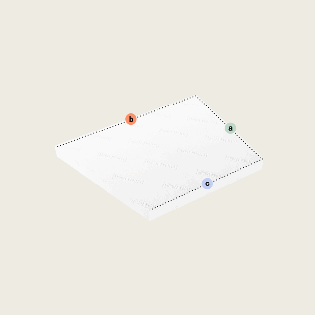 Eine weiße rechteckige "Matratze nach Maß mit einer Schräge (Variante 6)" ist in 3D-Perspektive mit drei beschrifteten Eckpunkten dargestellt: a (grün), b (orange) und c (blau), die durch gestrichelte Linien entlang der Matratzenkanten verbunden sind.