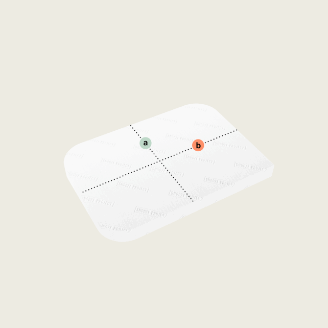 Eine rechteckige weiße "Matratze nach Maß mit drei Rundungen (Variante 2)" hat abgerundete Ecken, gestrichelte Linien, die sie in vier Abschnitte unterteilen, sowie einen grünen Punkt a und einen orangefarbenen Punkt b an den Schnittpunkten der Linien.