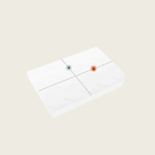 Eine Matratze nach Maß mit einer Rundung (Variante 1) ist durch gepunktete Linien in vier Quadranten geteilt. Punkt a (grün) liegt oben links, Punkt b (orange) oben rechts.