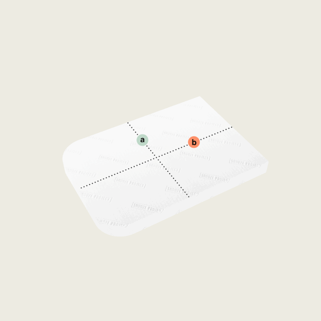 Ein rechteckiges weißes Blatt mit schwachem Text und zwei gepunkteten schwarzen Linien, die ein Kreuz bilden. Oben links befindet sich ein grüner "a"-Kreis und unten rechts ein oranger "b"-Kreis - ideal für die Matratze nach Maß mit zwei Rundungen (Variante 1).