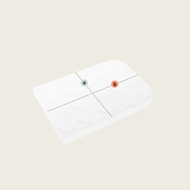Ein weißes, rechteckiges Kissen, wie die "Matratze nach Maß mit zwei Rundungen (Variante 2)", hat gepunktete schwarze Linien, die ein Kreuz bilden, mit "a." in grün und "b." in orange am Schnittpunkt, vor einem schlichten hellen Hintergrund.
