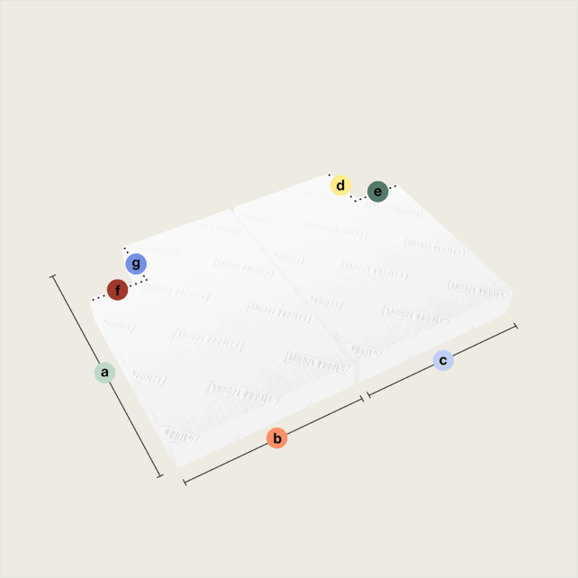 Zwei weiße Klappmatratzen mit je zwei rechteckigen Teilen (Ausschnitt rechts unten und oben) liegen nebeneinander. Farbige, beschriftete Punkte (a-g) markieren Kanten/Ecken, gestrichelte Linien verbinden f und g, Pfeile zeigen Maße.