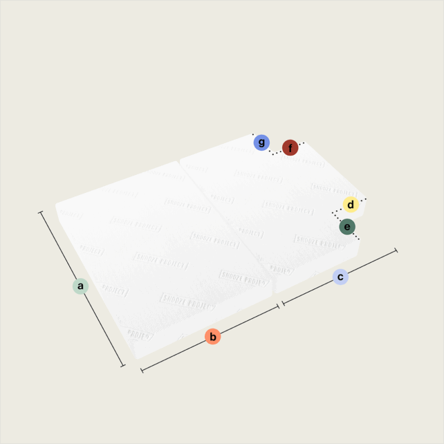 Zwei weiße rechteckige Schaumstoffkissen, Teil der "Klappmatratze/Faltmatratze mit zwei rechteckigen Teilen (Ausschnitt unten beidseitig)", sind nebeneinander dargestellt, wobei die Maße a, b und c markiert sind; die Punkte d, e, f und g markieren die Positionen oben und an den Seiten. Beigefarbener Hintergrund.