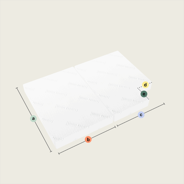 Eine 3D-Illustration einer weißen Klappmatratze/Faltmatratze mit zwei rechteckigen Teilen (Ausschnitt unten links), die vier beschriftete Dimensionen zeigt: a (Höhe), b (Breite), c (Länge) und d (Seitendetail) auf einem hellen Hintergrund.