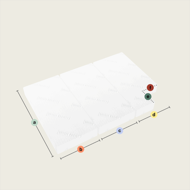 Die Klappmatratze besteht aus drei weißen Schaumstoffteilen (Ausschnitt unten links), die gestapelt und mit erhabenen Wörtern beschriftet sind. Farbige Buchstabenpunkte markieren Kanten, gestrichelte Linien zeigen Maße.