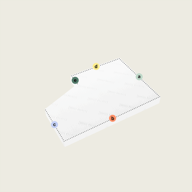 Eine weiße rechteckige Matratze nach Maß mit einem schrägen Eckausschnitt (Variante 1) mit gepunktetem Umriss und fünf beschrifteten farbigen Kreisen (a, b, c, d, e) an jeder Ecke und einer Kante auf einfarbigem hellem Hintergrund.