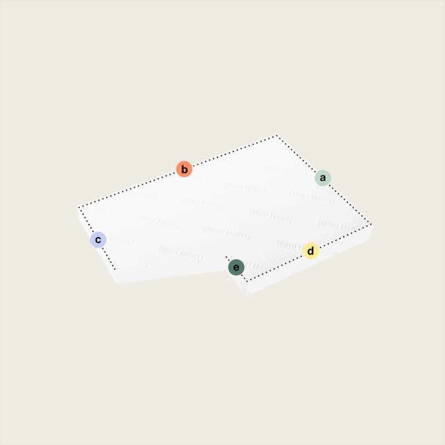 Eine weiße rechteckige Matratze nach Maß mit einem schrägen Eckausschnitt (Variante 2) liegt schräg im Bild, ihre Ränder sind gestrichelt markiert. Farbige Kreise a, b, c, d bezeichnen die Ecken. Der Hintergrund ist hellbeige.