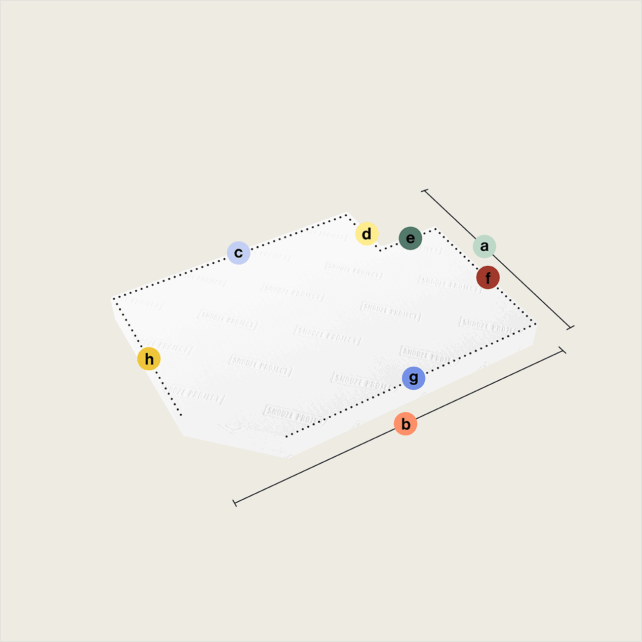 Eine weiße rechteckige Plattform zeigt eine Matratze nach Maß mit einem Eckausschnitt und einem Eckabschnitt (Variante 2), mit gepunkteten Linien, acht beschrifteten Kreisen (a-h) an den Rändern, Doppelpfeilen bei b und d für die Größe, auf hellbeigem Hintergrund.