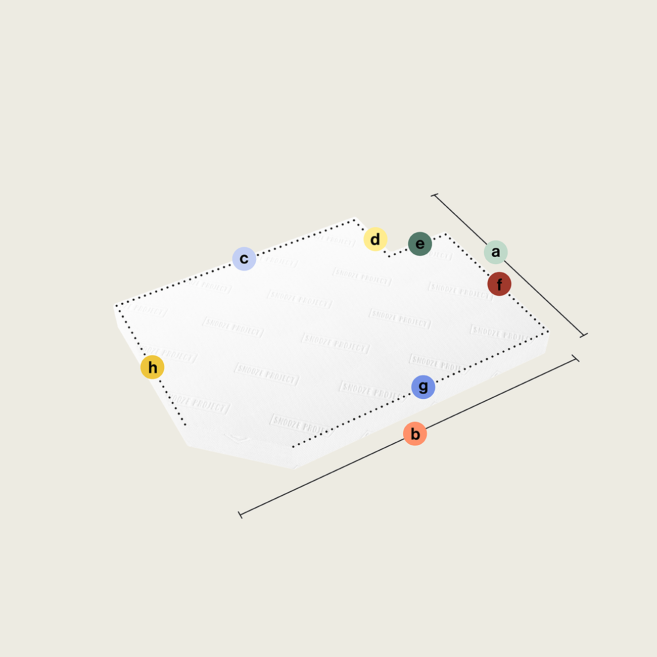 SPSONDER74 - Matratze mit einem Eckausschnitt und einem Eckabschnitt (Variante 2) Eine weiße rechteckige Plattform zeigt eine Matratze nach Maß mit einem Eckausschnitt und einem Eckabschnitt (Variante 2), mit gepunkteten Linien, acht beschrifteten Kreisen (a-h) an den Rändern, Doppelpfeilen bei b und d für die Größe, auf hellbeigem Hintergrund.