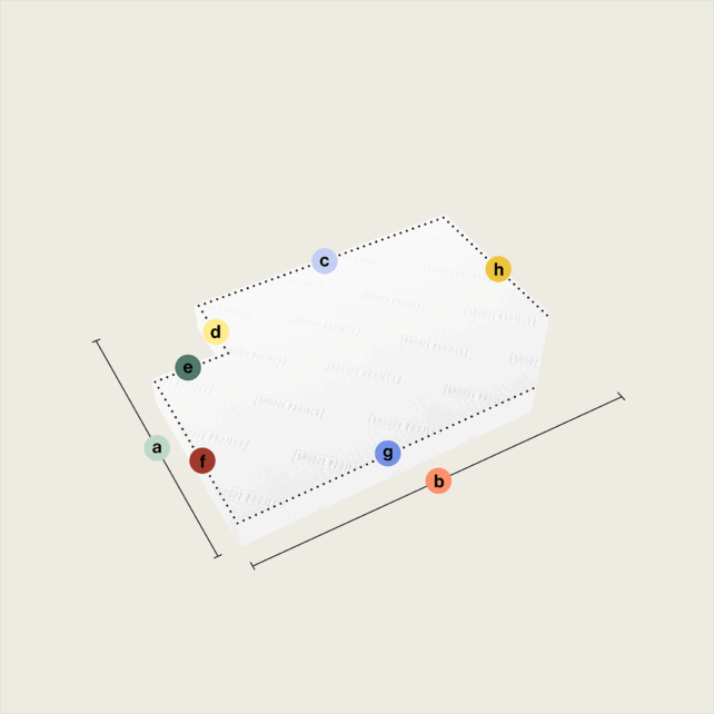 Ein weißes rechteckiges Objekt mit gepunktetem Umriss und geprägtem Text "SHOW PILLOW" ist mit a-h beschriftet und zeigt eine Matratze nach Maß mit einem Eckausschnitt und einem Eckabschnitt (Variante 3); Doppelpfeile zeigen die Maße auf hellbeigem Hintergrund.