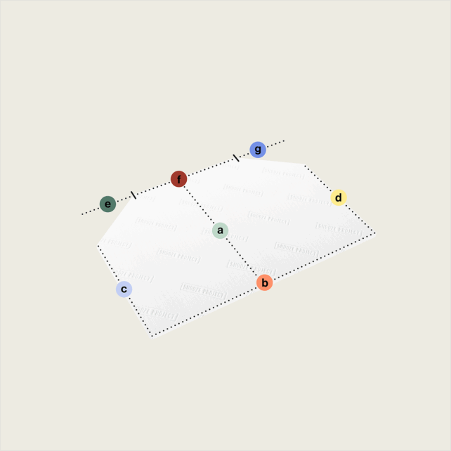 Ein weißer Topper nach Maß mit zwei Eckabschnitten, abgeschrägt (Variante 2), ist mit einer gepunkteten Linie umrandet und weist sieben farbige Kreise auf, die an den Rändern und im Inneren mit a-g beschriftet sind und vor einem hellbeigen Hintergrund stehen.