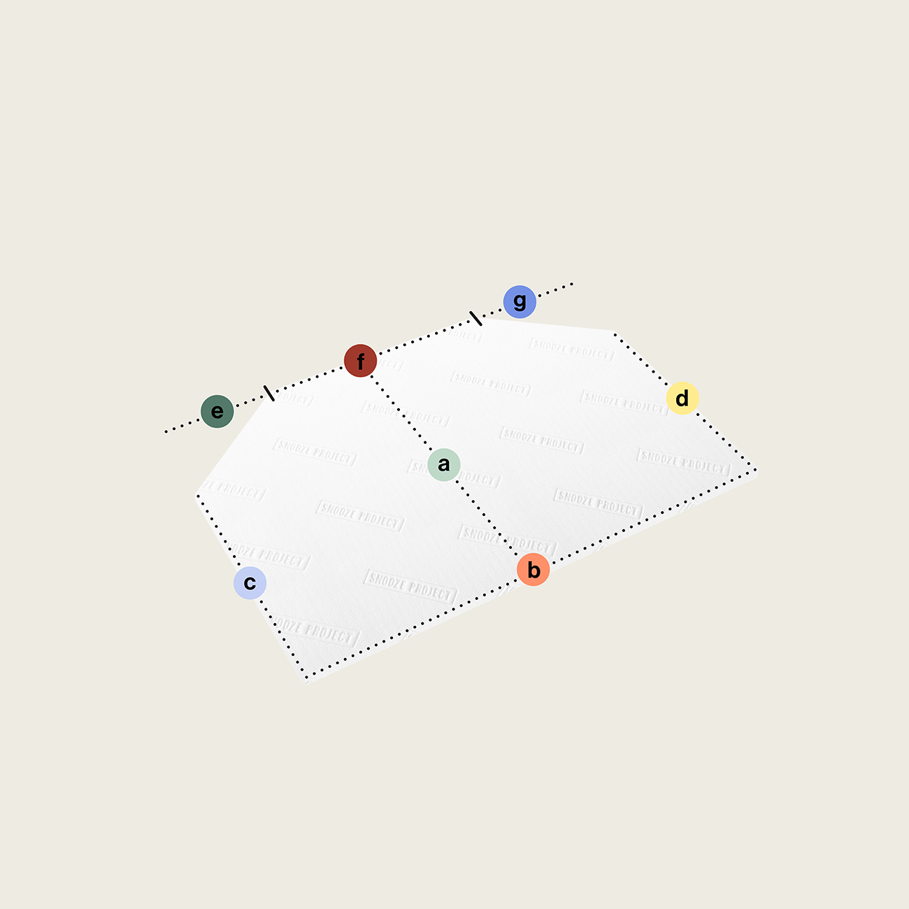 SPTSONDER16 - Topper mit zwei Eckabschnitten, abgeschrägt (Variante 2) Ein weißer Topper nach Maß mit zwei Eckabschnitten, abgeschrägt (Variante 2), ist mit einer gepunkteten Linie umrandet und weist sieben farbige Kreise auf, die an den Rändern und im Inneren mit a-g beschriftet sind und vor einem hellbeigen Hintergrund stehen.