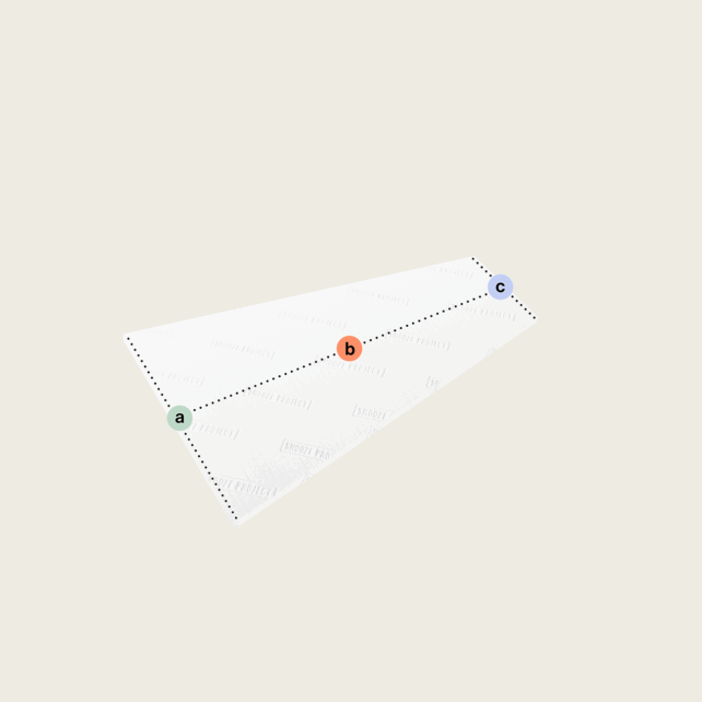 Ein weißes, rechteckiges Blatt mit der Aufschrift "Trapezförmiger Topper nach Maß (Variante 3)" zeigt unten links ein grünes a, in der Mitte ein rotes b und oben rechts ein blaues c, die alle durch eine gestrichelte Linie von a nach c verbunden sind, die durch b verläuft.